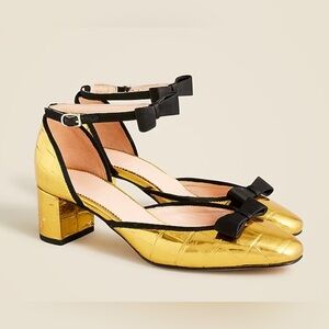 Millie Bow Ankle-Strap Heels in Metallic Croc-Embossed Leather in Gold Size 8.5
